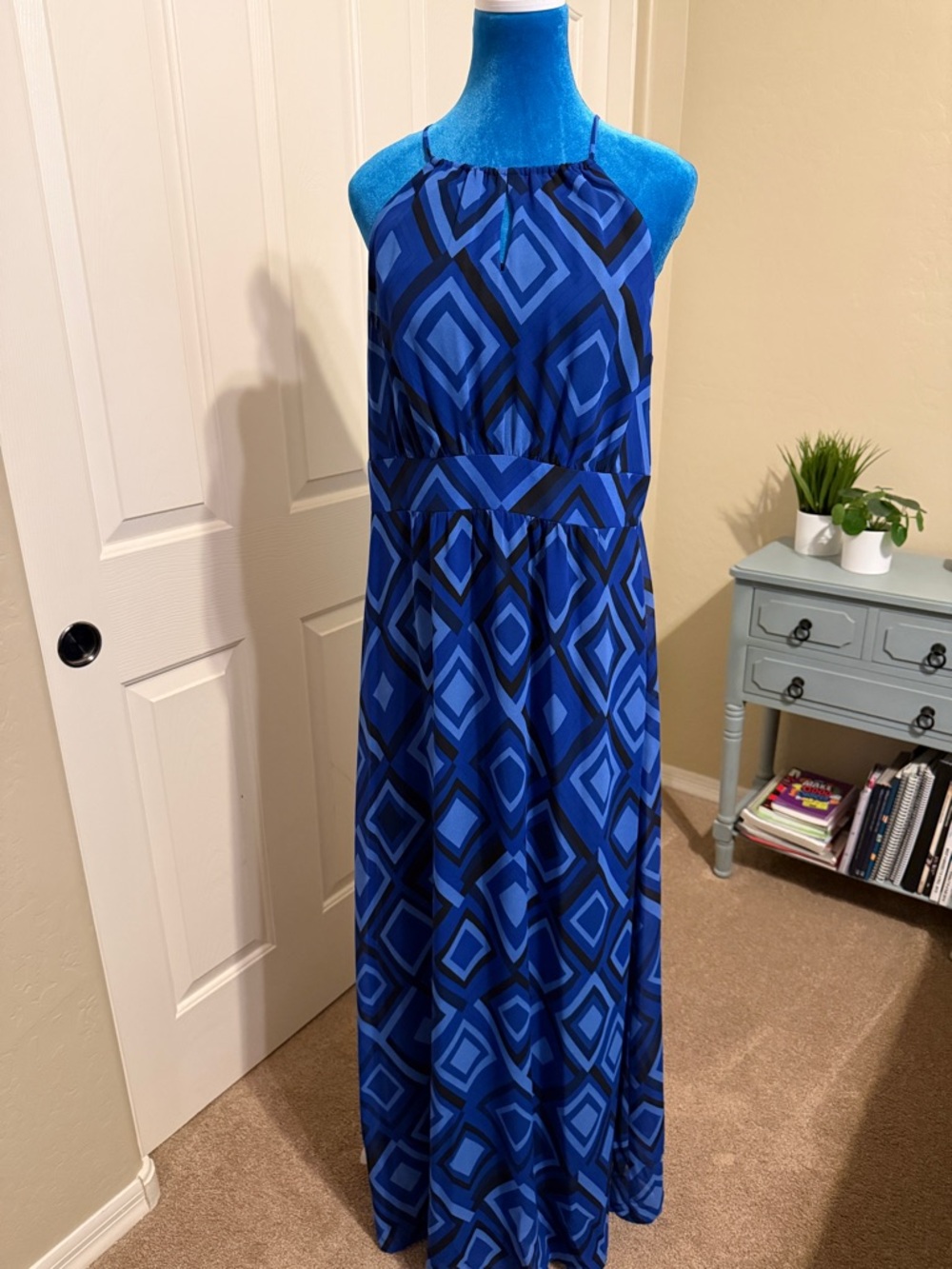 Ann Taylor Blue Geometric Halter Maxi Dress